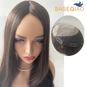  Comfortable human hair natural silk base with hair weft back topper  brown  #4  20inch   Q077-311