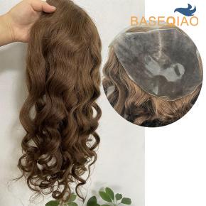 Thin skin pu wig knotted Premium human hair Medium Brown Slight wave hair   Q335