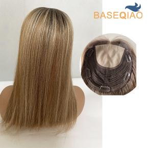  Lace frontal silk top with hair weft human hair toppers Q344