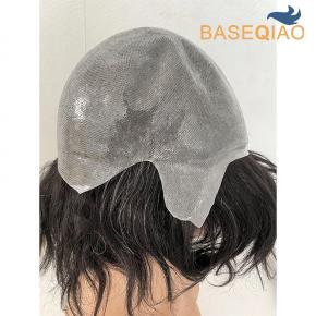 Full pu thin skin cap Poly base natural human hair wig mixed grey hair  #1c20 D386