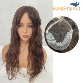 Q6 base women topper slight wave human hair  replacement  dark brown  D464